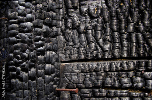Black burnt wall of house of wooden planks with embossed texture. damage to the building from fire without the possibility of restoration. property insurance