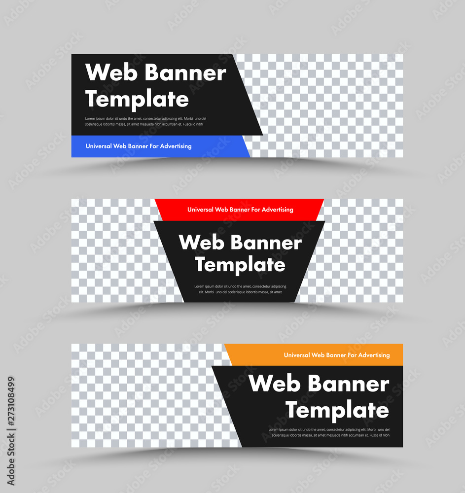 Design of black vector horizontal web banners with photo space and color corner shapes for header and text.