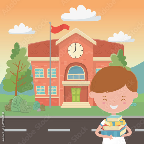 School building and boy cartoon design