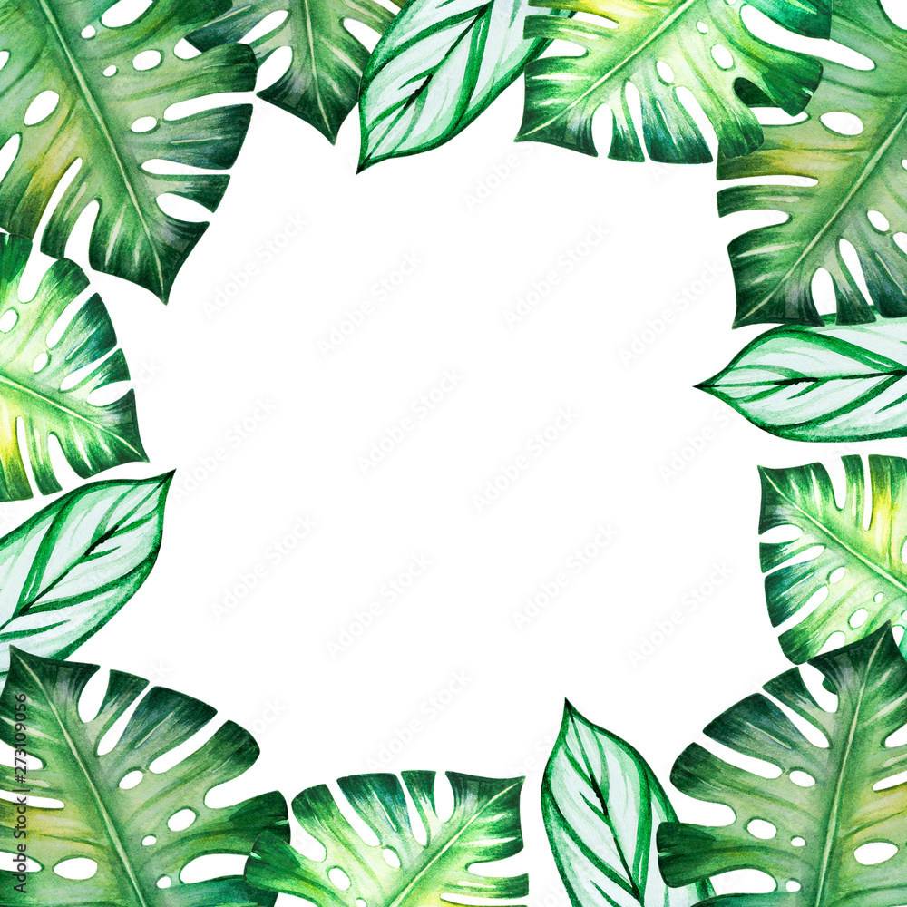 Naklejka premium Beautiful tropical leaves frame. Monstera, palm. Watercolor painting. Exotic plant. Natural print. Sketch drawing. Botanical composition. Greeting card. Painted background. Hand drawn illustration.