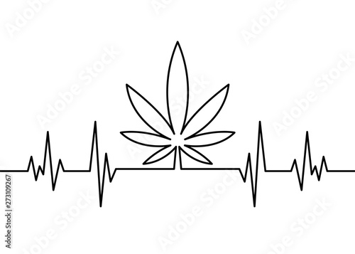 Marijuana leaf heartbeat pulse monitor. Vector illustration cardiogram concept. Black pulse outline isolated on white background. For web, packaging, t shirt design, product, logo, graphic design