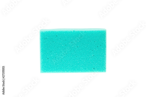 One soft rectangle foam rubber green color for washing isolated on white background. Top view