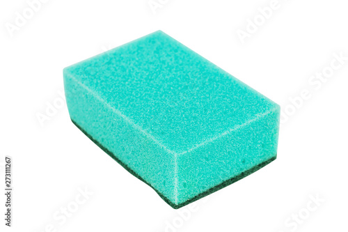 One soft rectangle foam rubber green color for washing isolated on white background