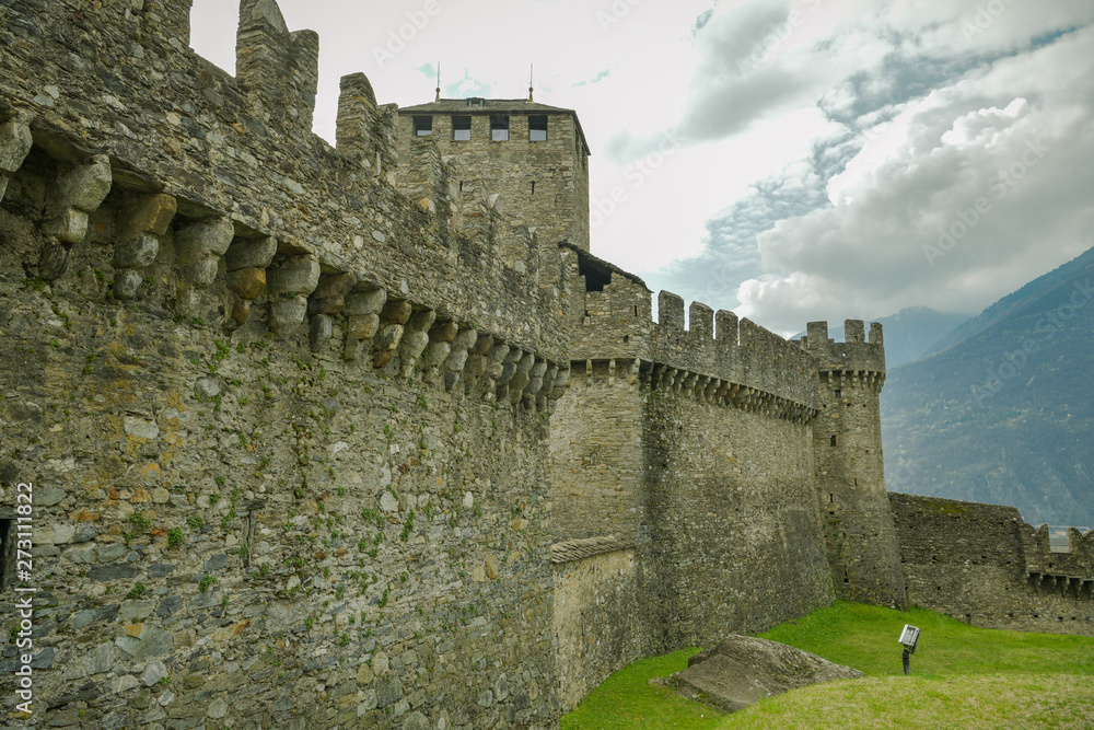 Castle walls of Montebello castle, one of the three castles in Bellinzona