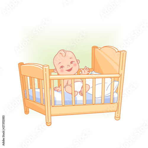 Cute little baby sit awake in bed.
