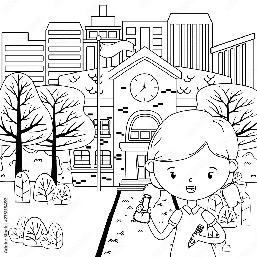 Fototapeta premium School building and girl cartoon design