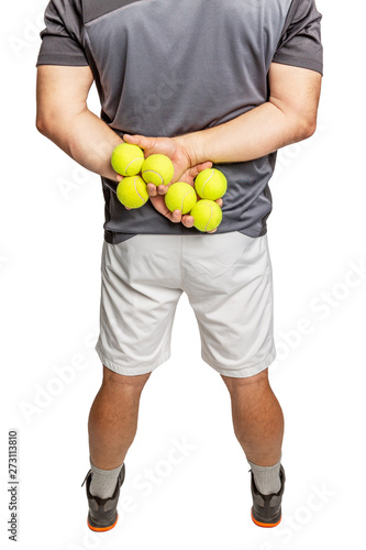 A man holds tennis balls in his hands. Back view. Close-up. Isolated on a white background. Vertical.