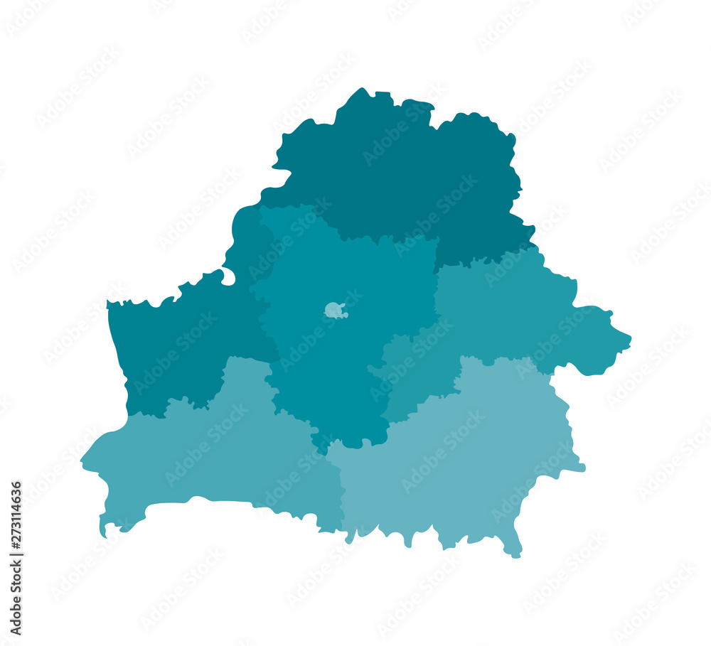 Vector isolated illustration of simplified administrative map of Belarus. Borders of the regions. Colorful blue khaki silhouettes