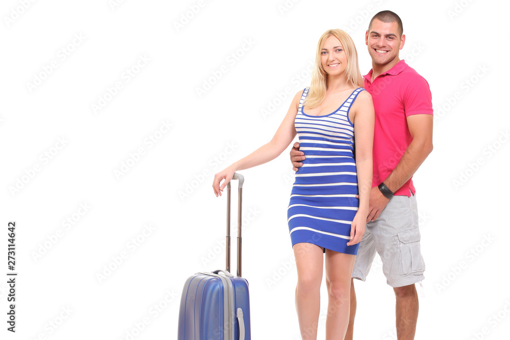 portrait of a young couple with suitcase for travel portrait of a young couple with suitcase for travel