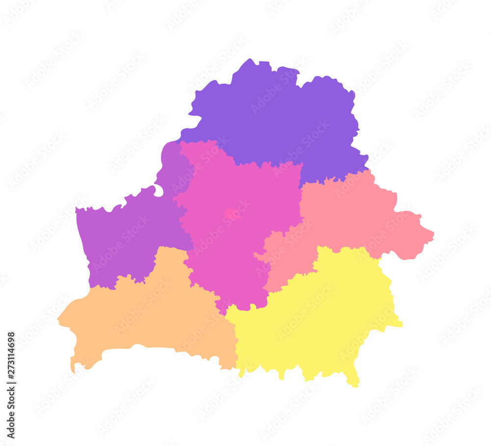Vector isolated illustration of simplified administrative map of Belarus. Borders of the regions. Multi colored silhouettes