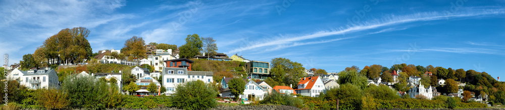 Panorama of the exclusive resedential area Blankenese on the river Elbe in Hamburg, Germany.