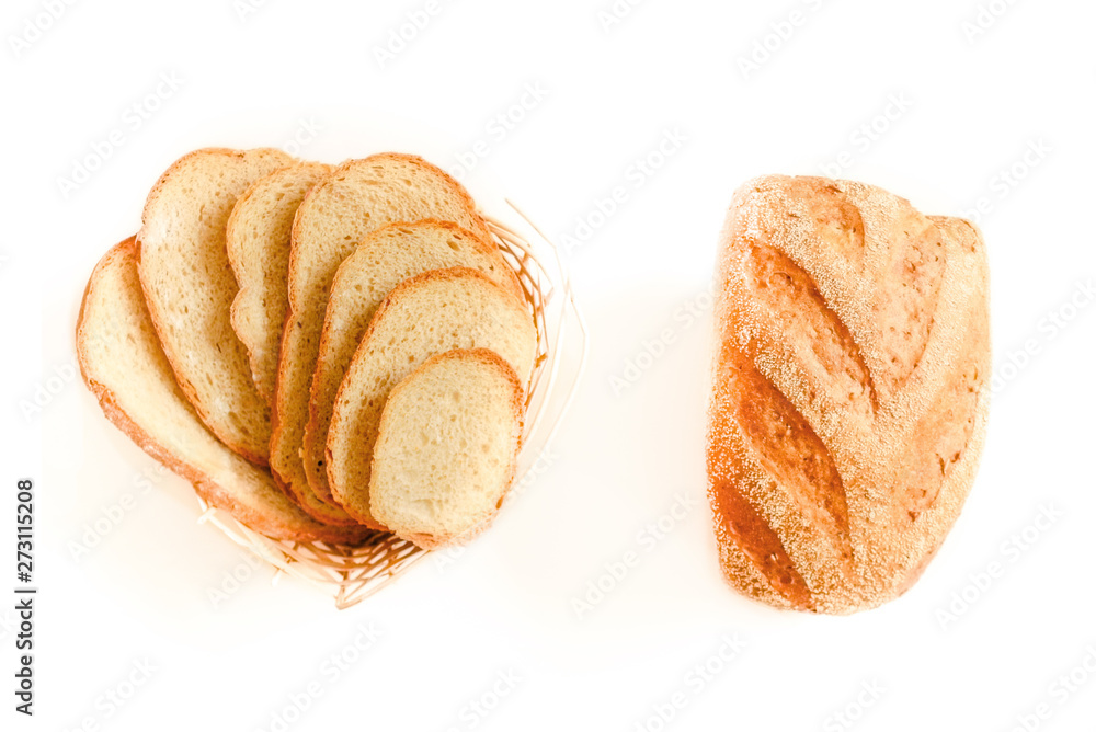 White bread and Sliced bread. Assortment of baked bread. Baked bread  isolated on white background, top view. Bakery, food concept. Top view with space for your text.