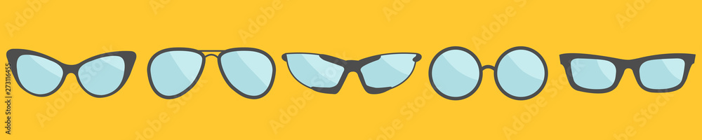 Glasses icon set line. Eyeglasses Sunglasses collection. Flat design. Yellow background. Isolated. Glasses icon set line. Eyeglasses Sunglasses collection. Flat design. Yellow background. Isolated.