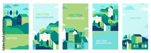 Vector set of social media stories design templates, backgrounds with copy space for text - urban landscapes with buildings 
