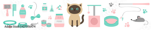 Cute kawaii siamese cat. Stuff line set. Paw print, scrathing rope post, bed, brush, shampoo, collar, clew ball, food, plate, bowl, pill, bow fish mouse. Flat design. White background Isolated