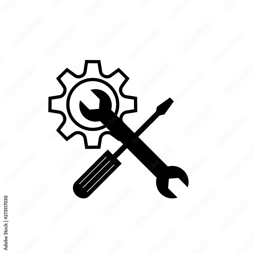 Crossed wrench and screwdriver with gears Crossed wrench and screwdriver with gears
