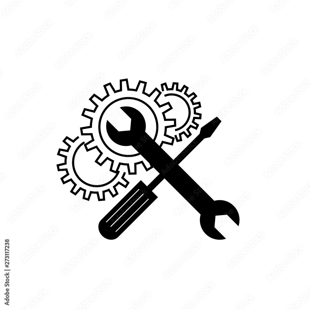 Crossed wrench and screwdriver with gears Crossed wrench and screwdriver with gears