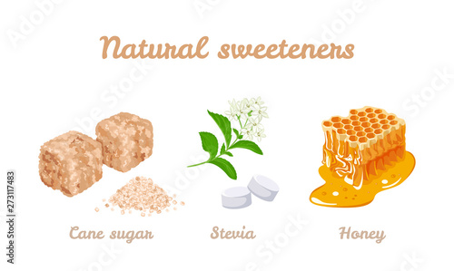 Natural sweeteners set. Vector stock illustration of honey, stevia plants and pills. Brown cane sugar cubes and sugar pile isolated on white background. Cartoon flat simple style.