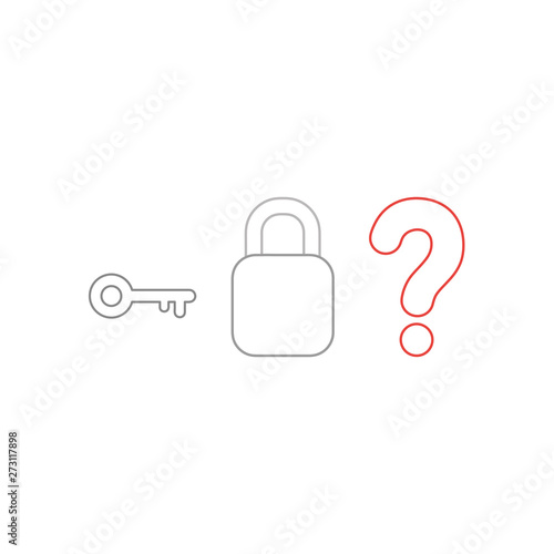 Vector icon concept of key with closed padlock without keyhole and question mark.
