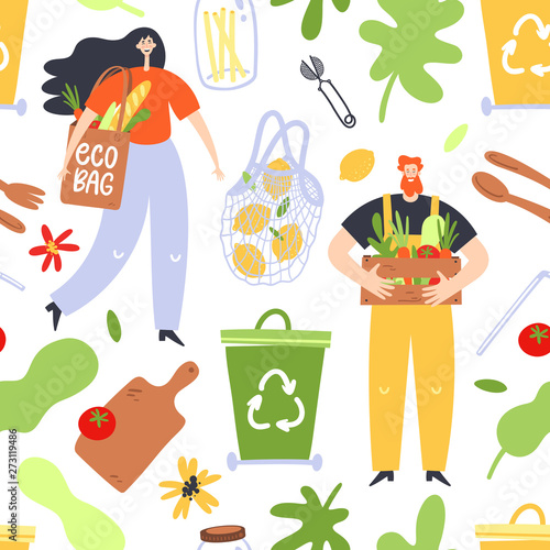 Zero waste lifestyle concept. Seamless pattern with people and zero waste elements. Vector illustration.
