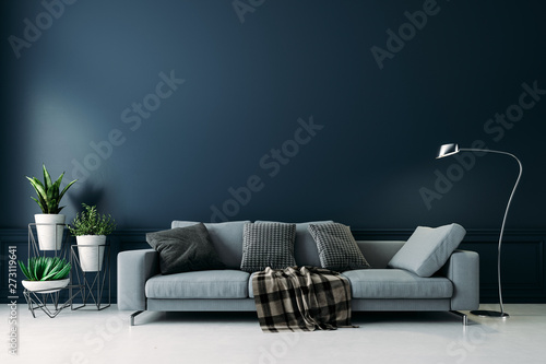 3d beautiful interior with couch and floor lamp