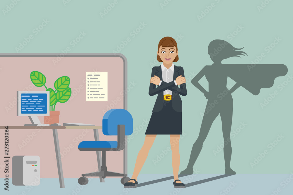 A business woman in her office revealed as super hero by her superhero silhouette shadow