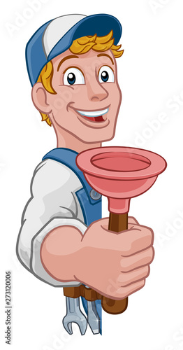 Plumber or handyman cartoon mascot holding a plumbing drain or toilet plunger. Peeking around a sign