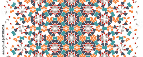 Islamic geometric vector seamless pattern. Geometric halftone texture with color tile disintegration or breaking