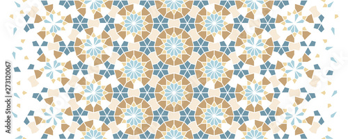 Islamic mosaic vector seamless pattern. Geometric halftone texture with color tile disintegration or breaking