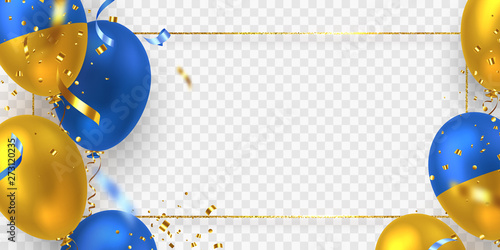 Vector glossy balloons with confetti and frame in traditional color of Ukrainian flag. Decorative realistic elements for national holidays of Ukraine. Isolated on transparent background.