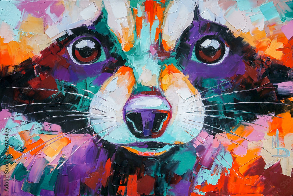 Oil raccoon portrait painting in multicolored tones. Conceptual abstract painting of a raccoon muzzle. Closeup of a painting by oil and palette knife on canvas.
