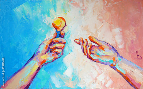 Fototapeta Naklejka Na Ścianę i Meble -  “Hands” - oil painting. Conceptual abstract hand painting. The picture depicts a metaphor for teamwork. Conceptual abstract closeup of an oil painting and palette knife on canvas.