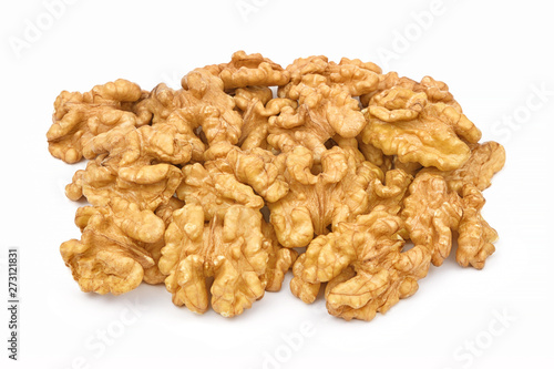 Walnuts isolated on white background. Pile of walnuts without shell closeup for your design and print. Nuts collection