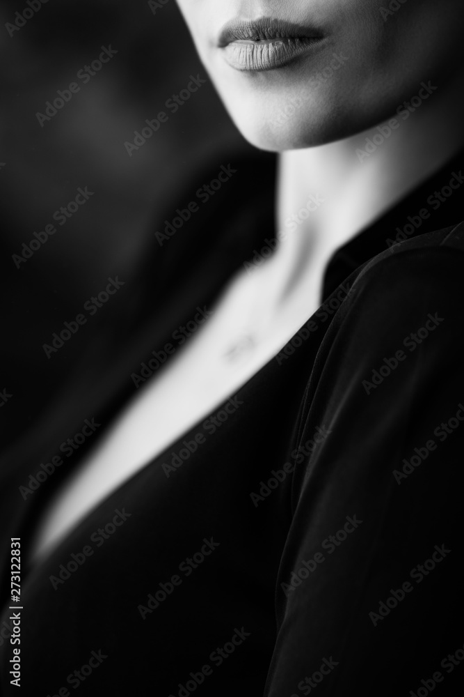 Beautiful sexy lady in elegant black robe. Close up fashion portrait of model indoors. Attractive female body in lace lingerie. Closeup fashionable naked girl in underwear Beautiful sexy lady in elegant black robe. Close up fashion portrait of model indoors. Attractive female body in lace lingerie. Closeup fashionable naked girl in underwear