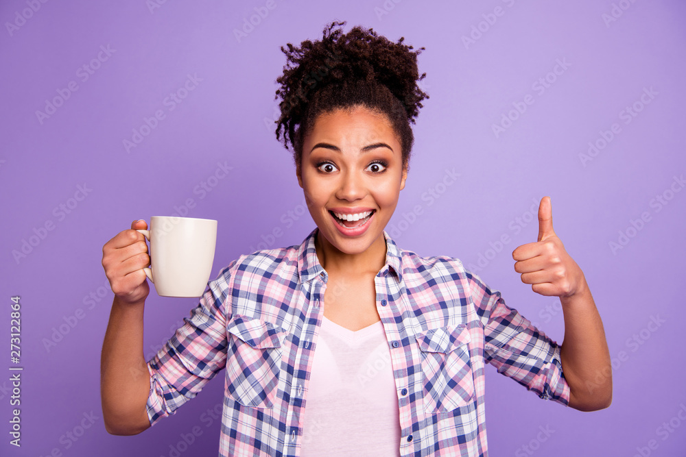 Close up photo nice youth lady advice decide choose perfect beverage mug rejoice content advertising concept feedback select plaid shirt trendy stylish beautiful top-knot isolated purple background