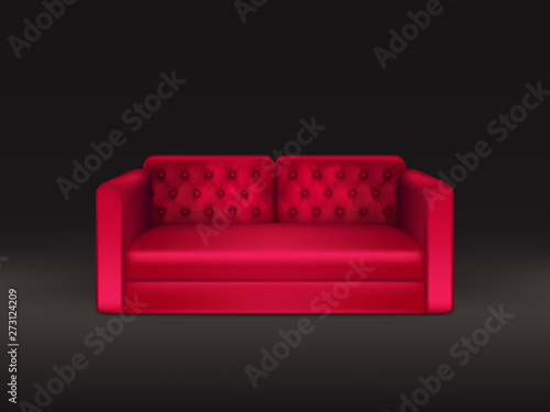 Soft and comfortable, classic design sofa with red leather or fabric upholstery 3d realistic vector object isolated on black background. Modern dwelling interior design element, furniture illustration