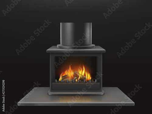 Modern fireplace with burning wooden logs, flame inside metallic firebox realistic vector object. House interior decoration design element, heating equipment illustration isolated on black background