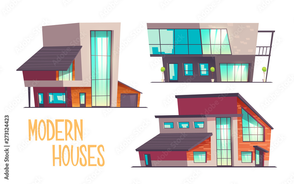 Modern houses cartoon vector set isolated on white background. Contemporary architecture cottage house, mansion, villa two-storey buildings with flat, sloping roof, glass facade, garage illustration