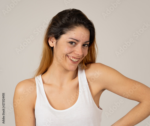 Human expressions and emotions. Close up of young attractive cheerful woman with smiling happy face