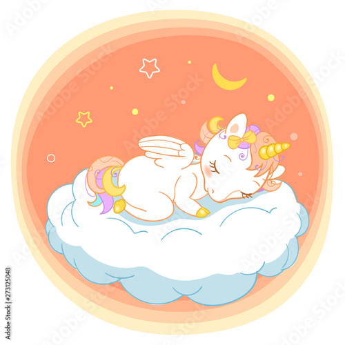 Magic cute unicorn in cartoon style. Doodle unicorn sleeping on a cloud. Vector illustration for cards, posters, kids t-shirt prints, textile design. © mariaaverburg