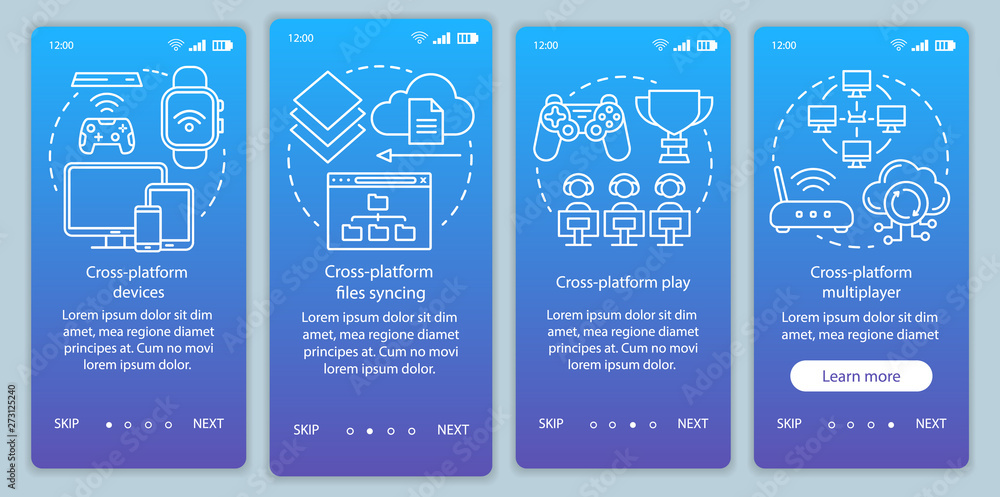 Fototapeta premium Cross platform connection onboarding mobile app page screen vector template