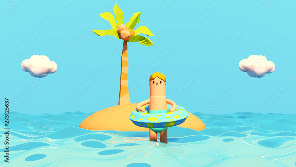 Cartoon boy with inflatable ring on tropical island. 3d rendering picture.