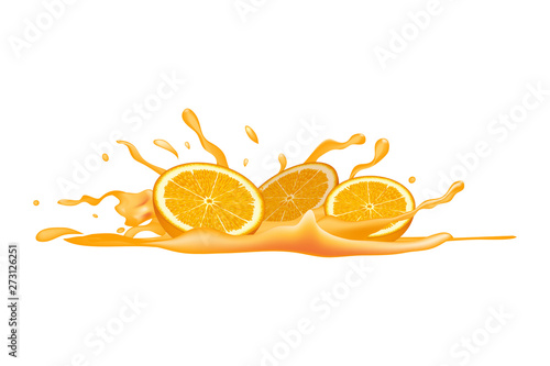 Orange halves in juice with splashes. Vector illustration