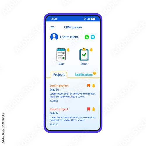 CRM system smartphone interface vector template