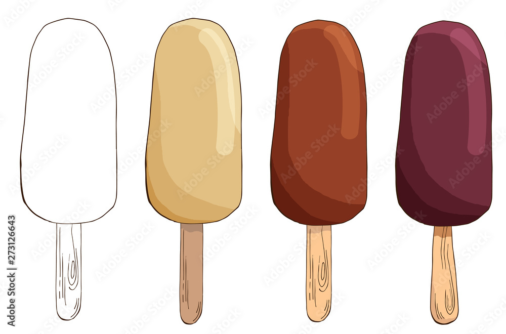 Set of vector hand drawn ice creams. Eskimo pie isolated on white background. Colored and Contour Sketch Images. Summer linear design. Pack of chocolate ice cream. Ice lolly Set of vector hand drawn ice creams. Eskimo pie isolated on white background. Colored and Contour Sketch Images. Summer linear design. Pack of chocolate ice cream. Ice lolly