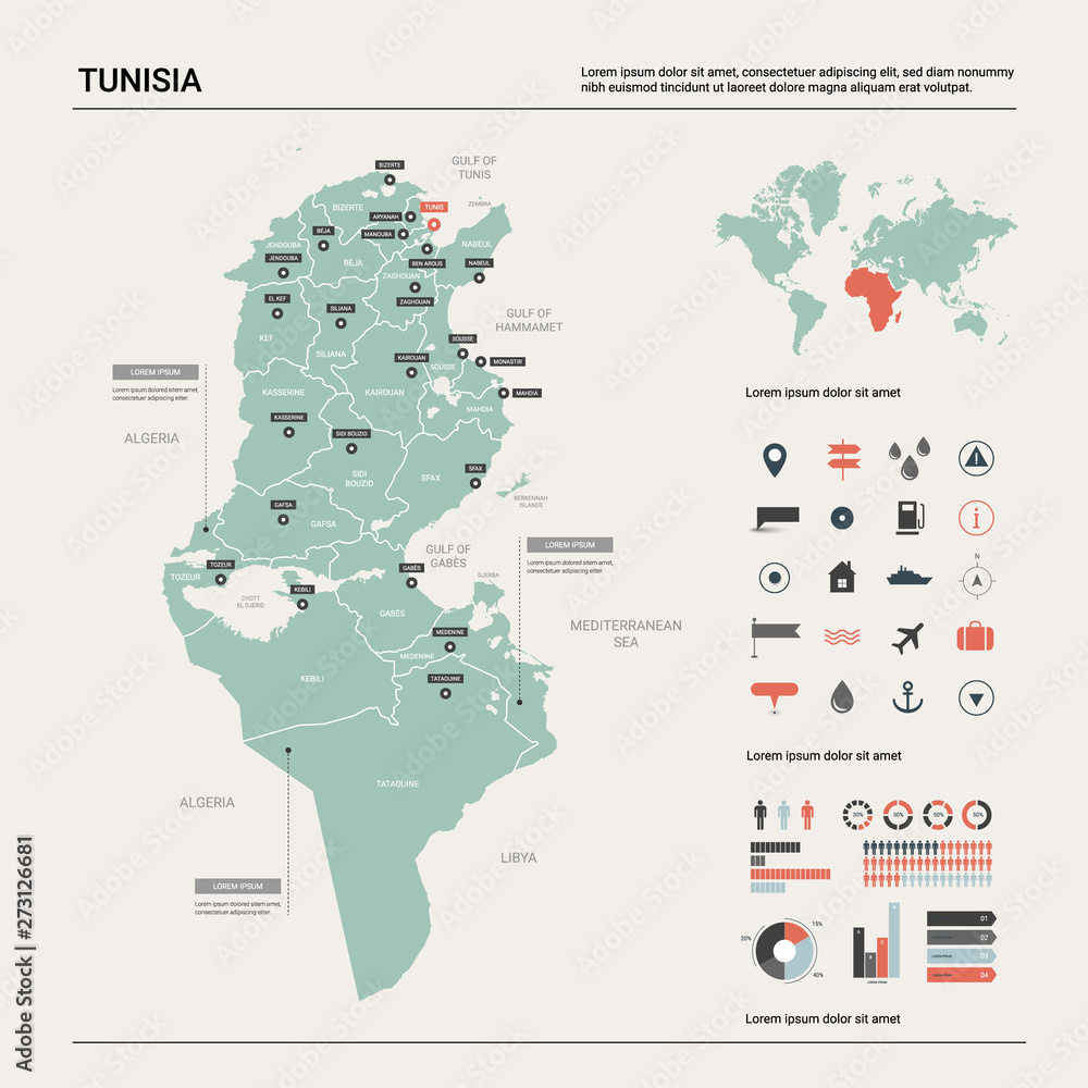 Vector map of Tunisia. Country map with division, cities and capital Tunis. Political map,  world map, infographic elements.
