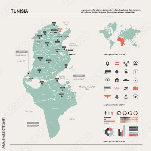 Vector map of Tunisia. Country map with division, cities and capital Tunis. Political map, world map, infographic elements.
