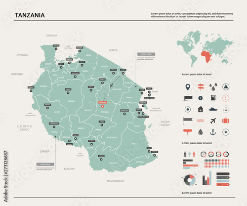 Vector map of Tanzania. Country map with division, cities and capital Dodoma. Political map, world map, infographic elements.