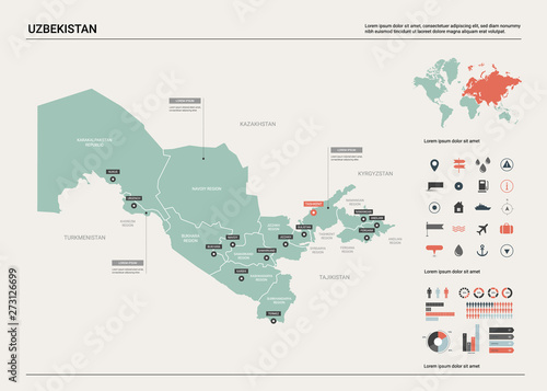 Vector map of Uzbekistan. Country map with division, cities and capital Tashkent. Political map, world map, infographic elements.