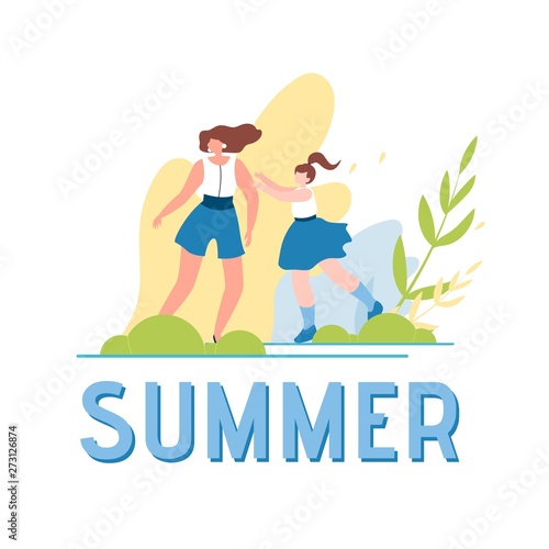 Summer World and Happy Walking Family Illustration